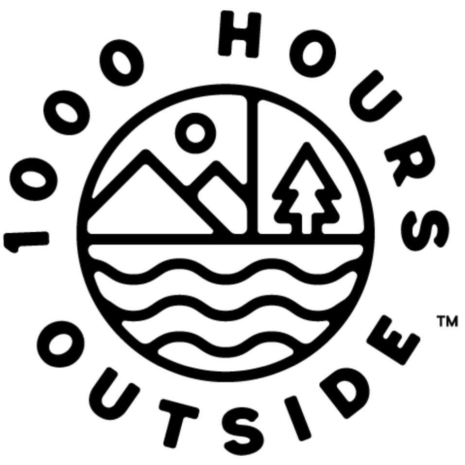 Circular black and white logo for 1000 Hours Outside showing a mountain, sun, tree, and water waves inside the circle, with the words ‘1000 Hours Outside’ around the outer edge.