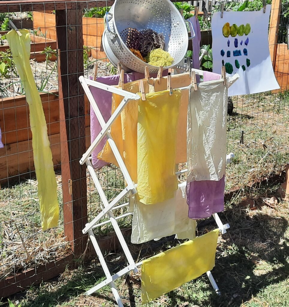 Naturally dyed fabric pieces in shades of yellow and lavender hanging on a drying rack outdoors, with a colander of yarn on top and a child’s painting clipped nearby.
