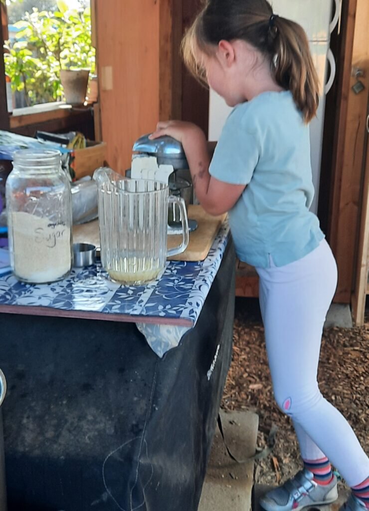 Young child standing at a table using a metal mixer beside jars and a glass pitcher in a rustic kitchen setting.