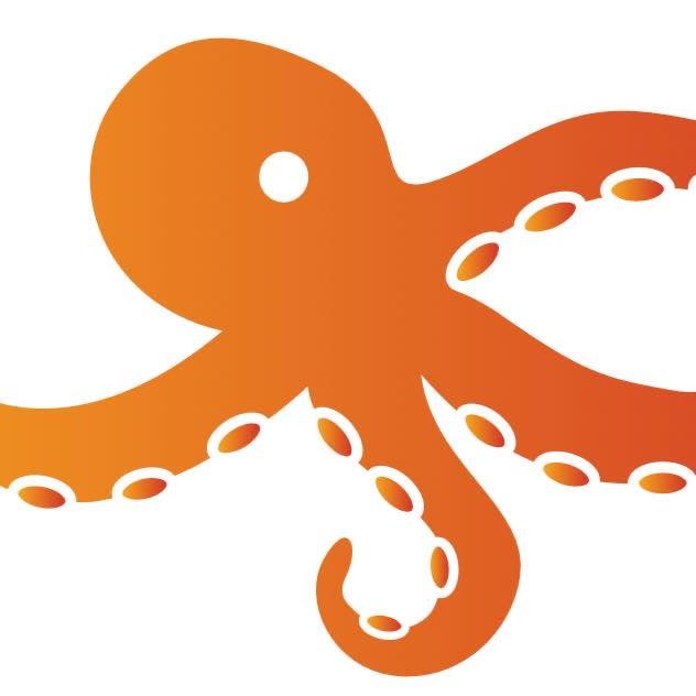 Stylized orange octopus graphic with smooth, rounded lines and white suction cups.