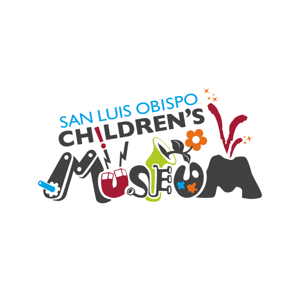 San Luis Obispo Children’s Museum logo with playful, colorful lettering featuring icons like gears, a flower, and science-themed shapes.