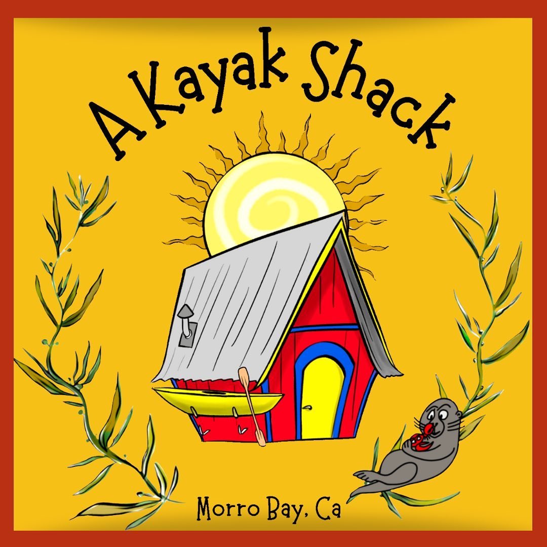 Colorful logo for A Kayak Shack in Morro Bay, California, showing a bright red and yellow boathouse under a sun with a playful seal and seaweed border