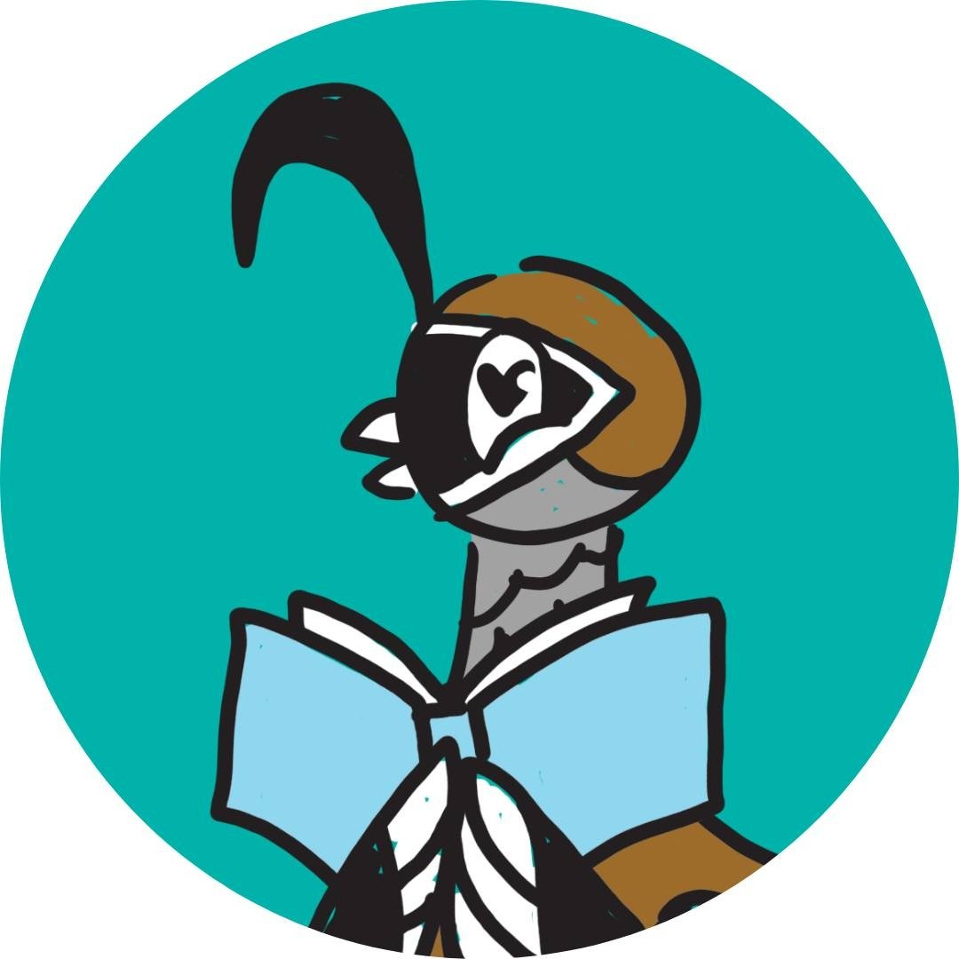 Illustrated quail reading an open blue book inside a turquoise circle.