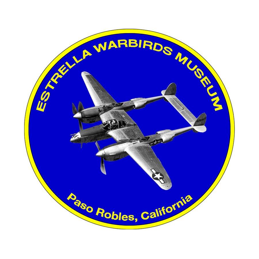 Estrella Warbirds Museum logo featuring a vintage twin-engine aircraft inside a blue circle with a yellow border and the words “Estrella Warbirds Museum” and “Paso Robles, California."