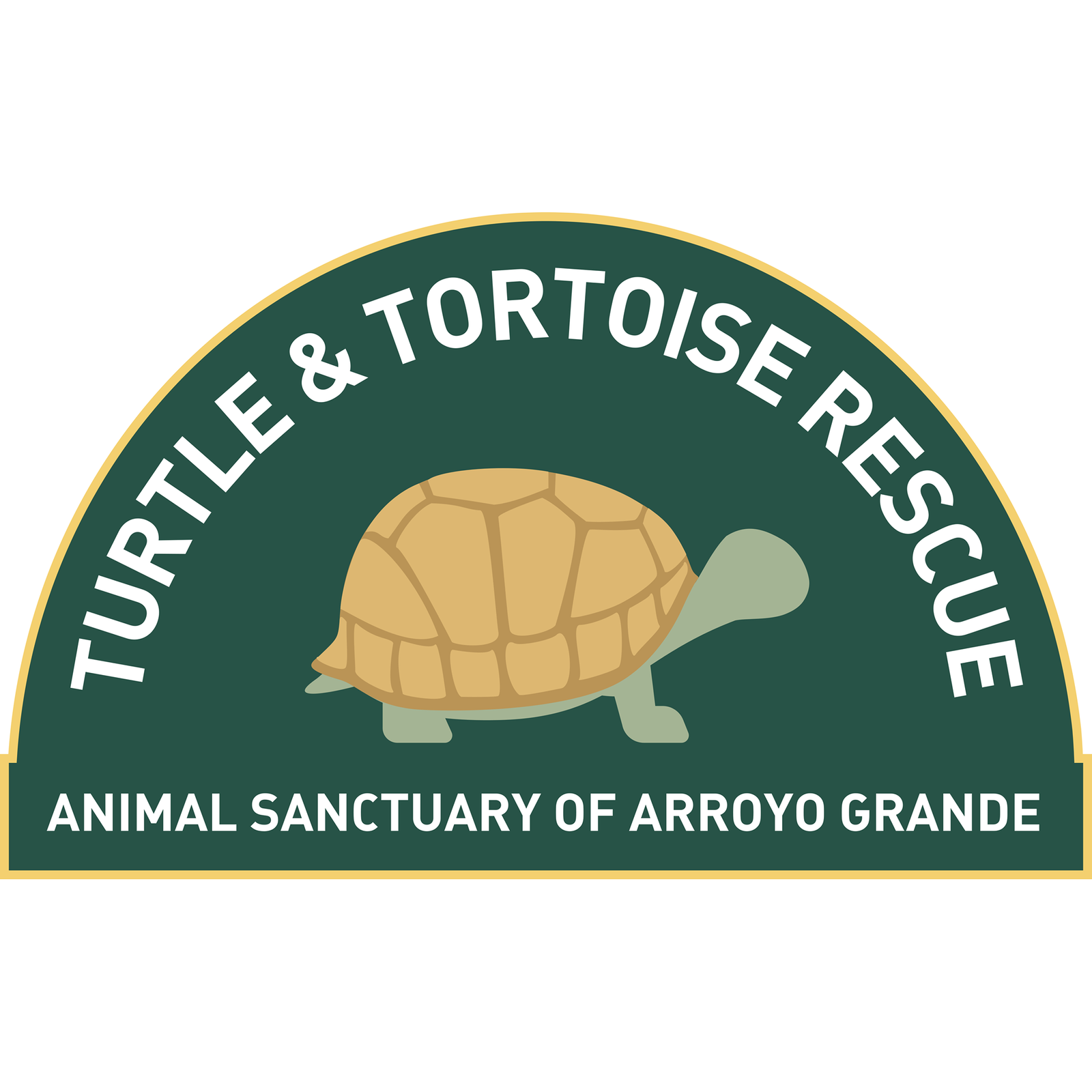 Logo for the Turtle and Tortoise Rescue Animal Sanctuary of Arroyo Grande, featuring a golden tortoise on a dark green semicircle background with white text.