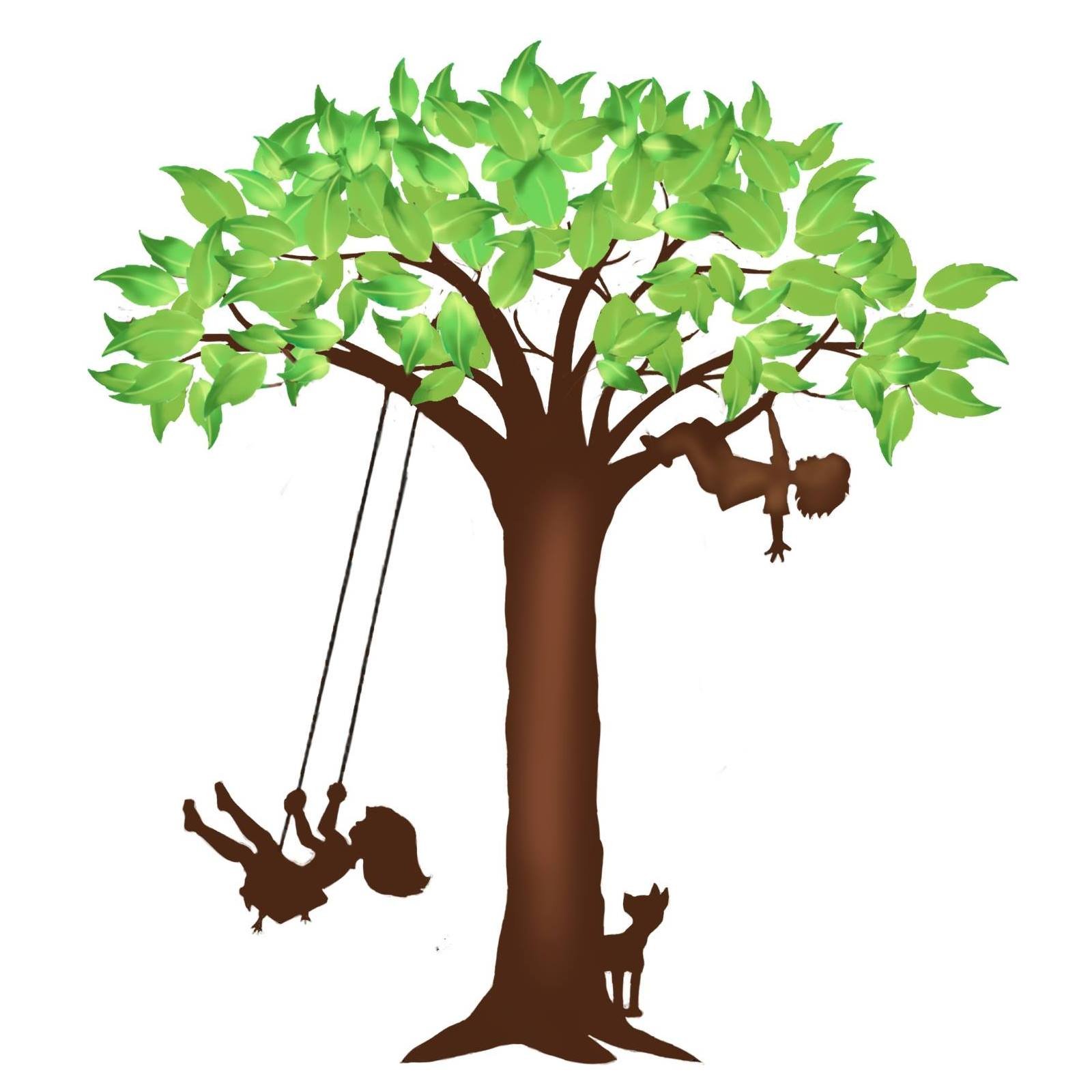 Illustration of a large leafy tree with a child on a swing, another climbing the branches, and a small dog beneath—symbolizing outdoor play and nature.