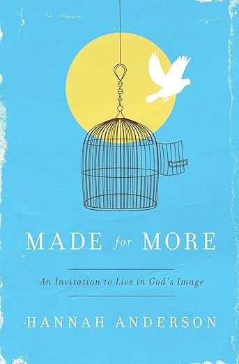 Book cover of “Made for More: An Invitation to Live in God’s Image” by Hannah Anderson, featuring a blue background with a yellow sun, an open birdcage, and a white bird flying free.
