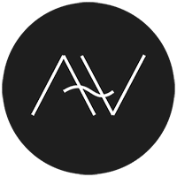 Circular black logo with the overlapping letters “A” and “V” in thin, minimalist lines.