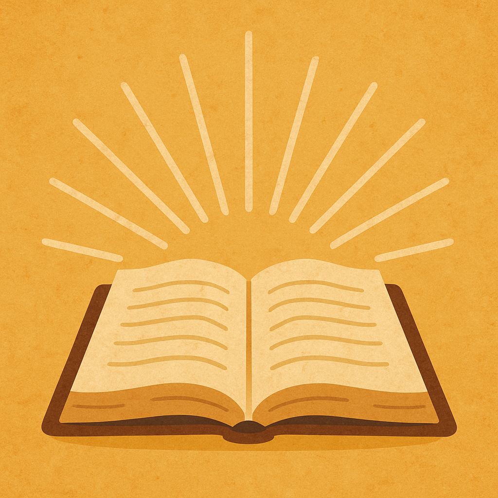 Illustration of an open Bible with rays of light shining upward against a golden background, symbolizing spiritual growth and inspiration