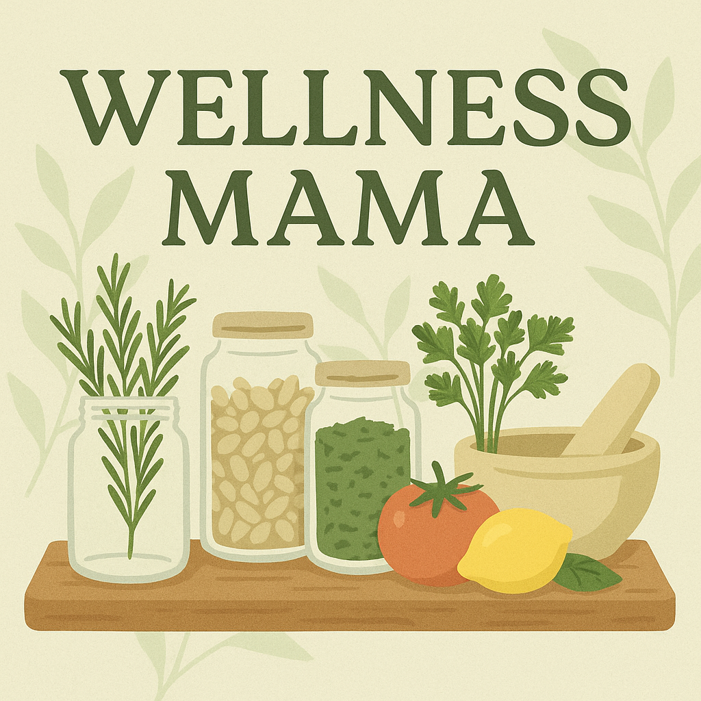 Illustration of jars, herbs, and fresh produce on a kitchen shelf, overlaid with the text ‘Wellness Mama,’ on a soft, nature-inspired background.