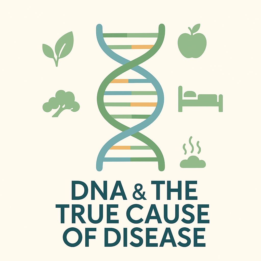 Illustration for ‘DNA and the True Cause of Disease’ featuring a golden DNA double helix surrounded by green leaves and light rays, symbolizing the connection between nature, health, and healing