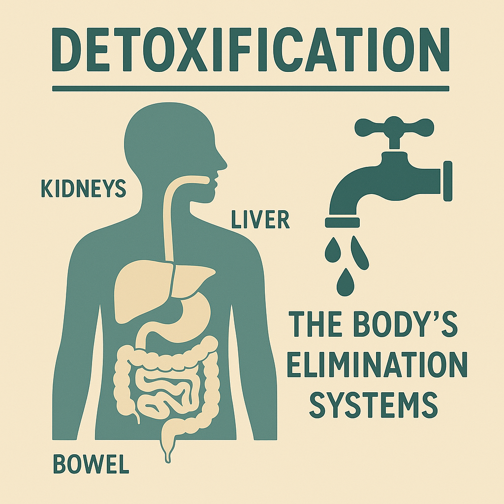 Illustration titled ‘Detoxification: The Body’s Elimination Systems,’ showing a simplified human silhouette highlighting the liver, kidneys, and bowel, with a water faucet and droplets symbolizing cleansing processes, on a beige background with teal text.