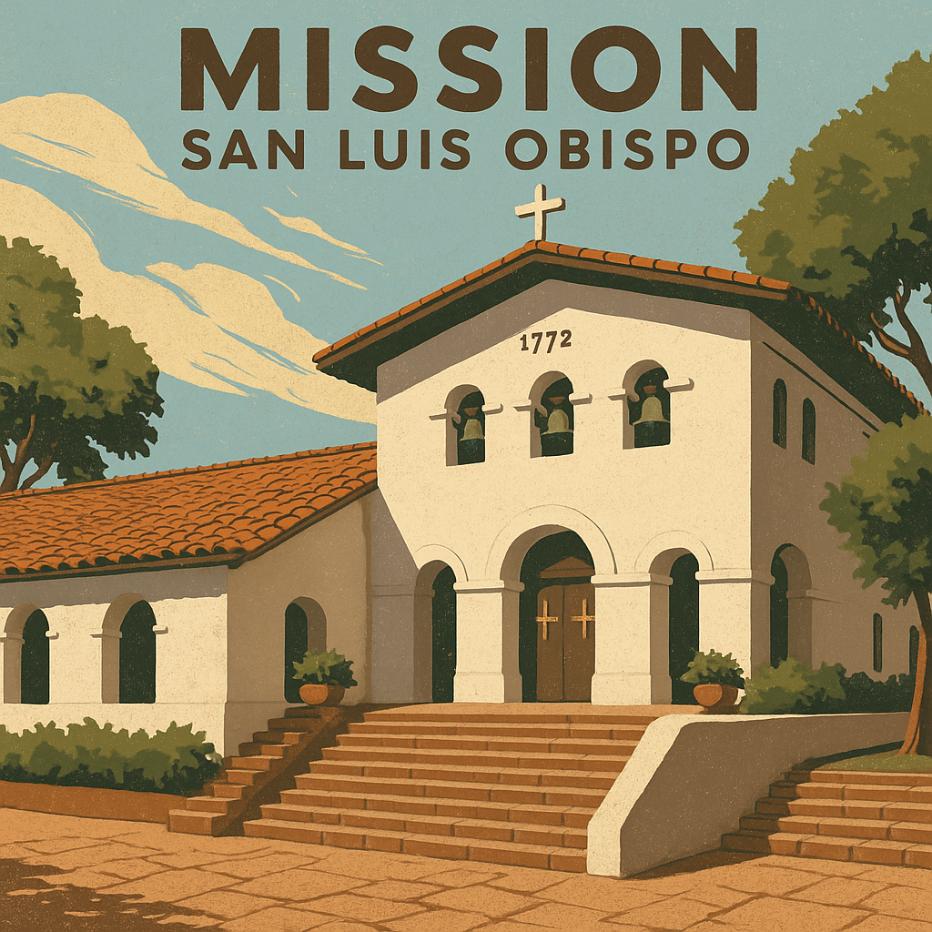 Illustration of Mission San Luis Obispo de Tolosa with white adobe walls, red tile roof, and arched walkway surrounded by trees and blue sky.