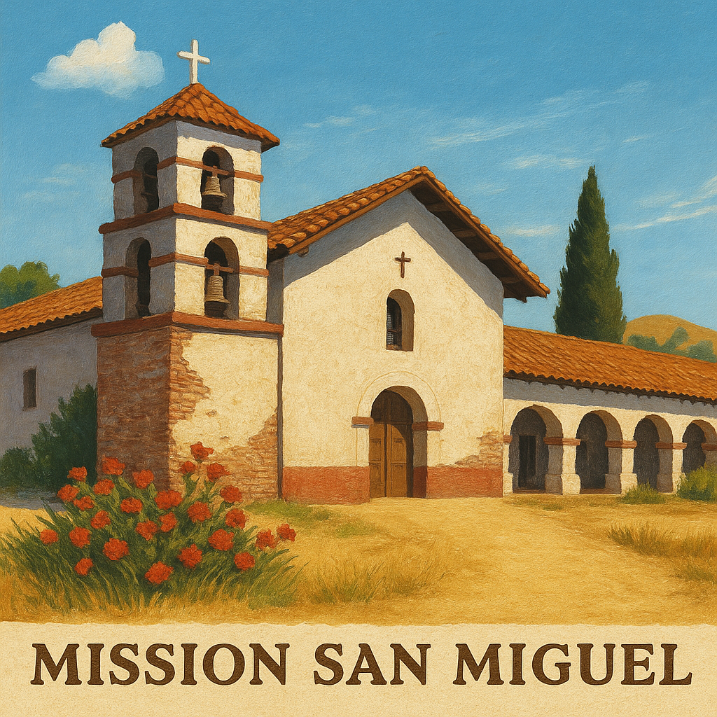 Illustration of Mission San Miguel Arcángel with rustic adobe walls, red tile roof, and arched walkway set against golden hills and blue sky.