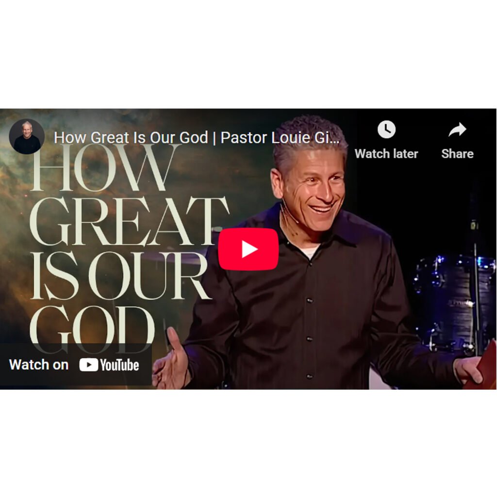 Screenshot of the YouTube video “How Great Is Our God” featuring Pastor Louie Giglio smiling while speaking on stage, with the video title displayed behind him.
