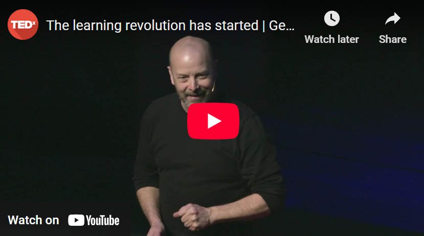 YouTube video thumbnail for TEDx talk titled ‘The learning revolution has started,’ showing a man in a black shirt speaking on stage with a microphone headset.