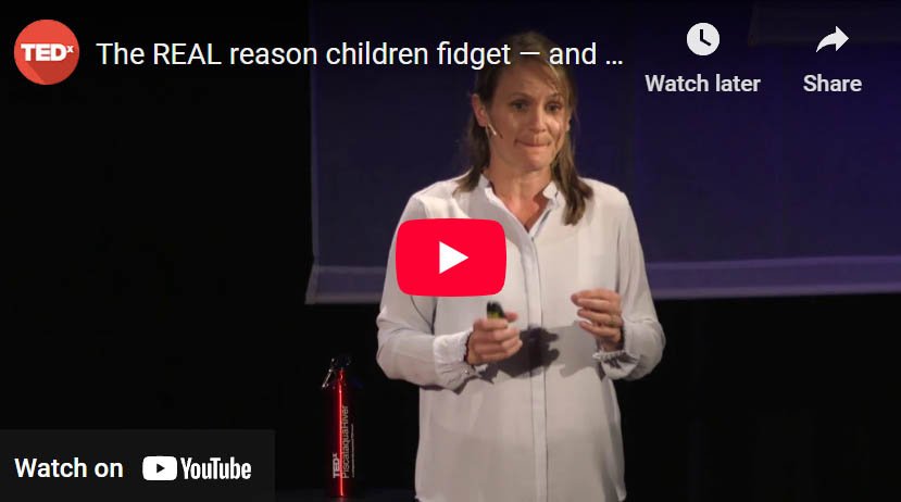 YouTube video thumbnail for TEDx talk titled ‘The REAL reason children fidget,’ showing a woman in a white blouse speaking on stage with a TEDx water bottle beside her.
