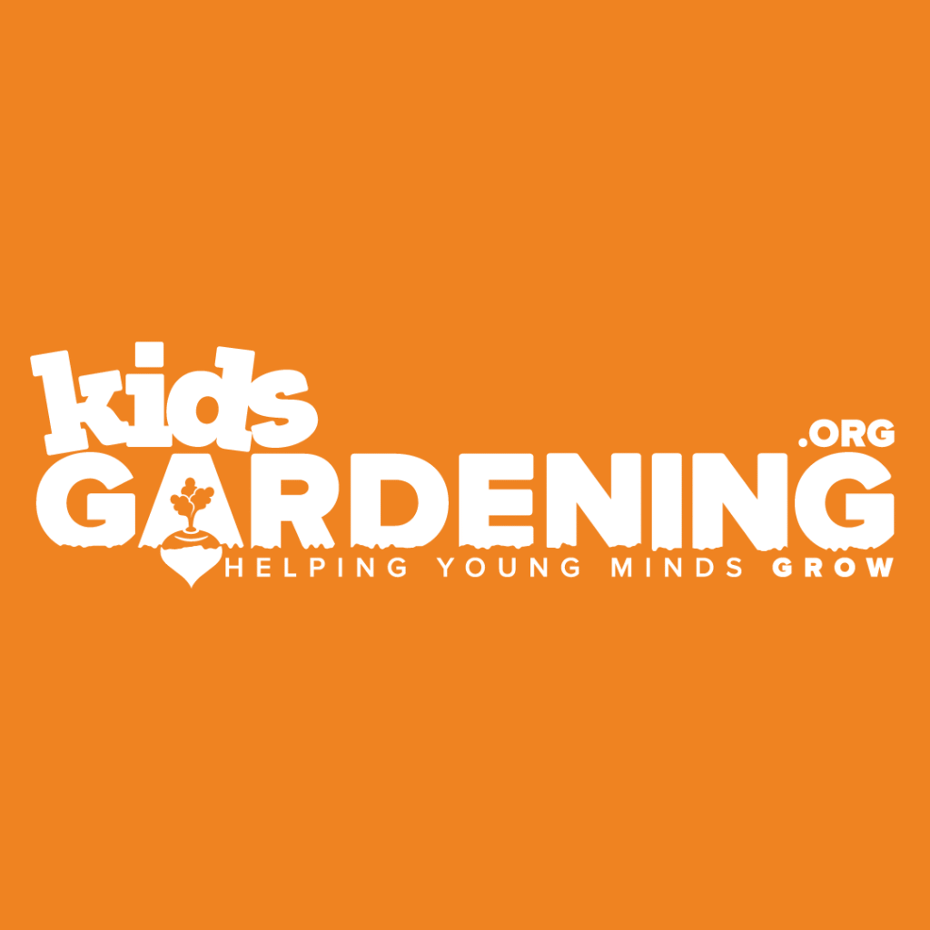 Logo for KidsGardening.org on an orange background, with bold white text reading ‘kids gardening.org’ and the tagline ‘helping young minds grow’ below, featuring a small plant sprouting from soil inside the letter A.