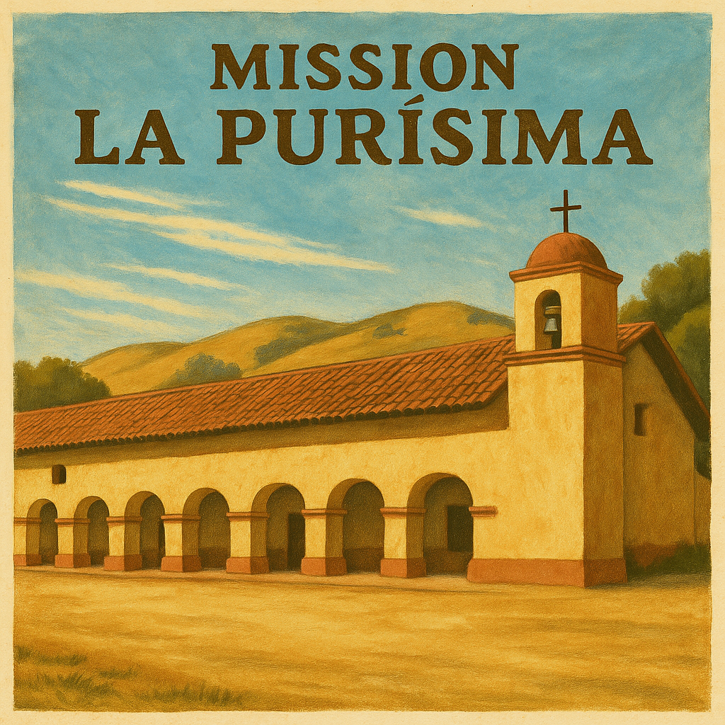 Illustration of La Purisima Mission in Lompoc, California, featuring long pink adobe buildings with red tile roofs, rolling hills, and open blue sky.