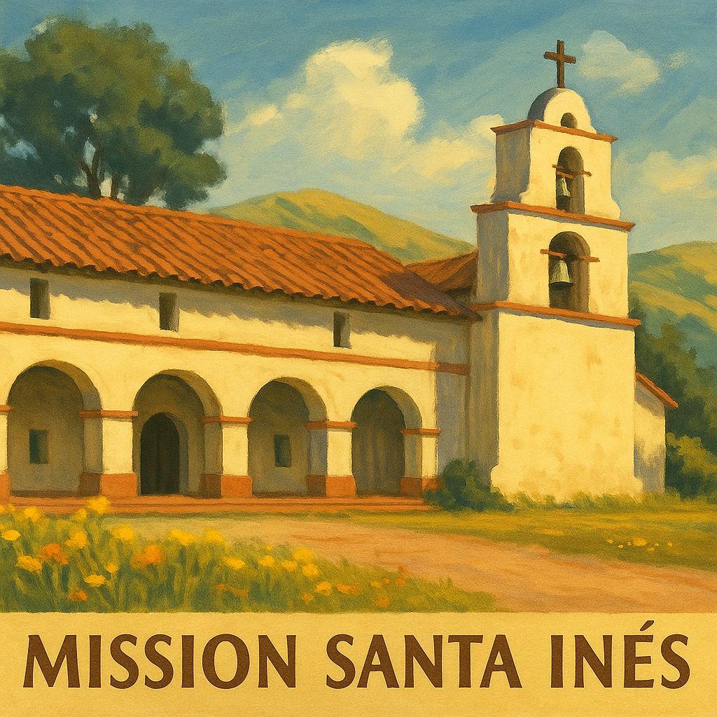 Illustration of Mission Santa Inés in Solvang, California, showing white adobe walls, red tile roof, bell tower, and wildflowers in the foreground.