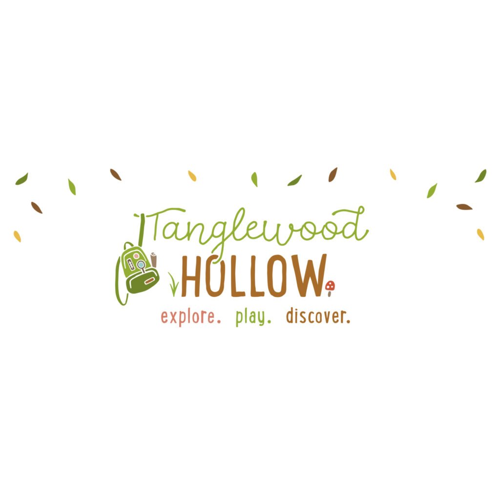 Logo for Tanglewood Hollow featuring a green backpack illustration and the words ‘Tanglewood Hollow’ in green and brown playful fonts, surrounded by falling leaves, with the tagline ‘explore. play. discover.’ below.
