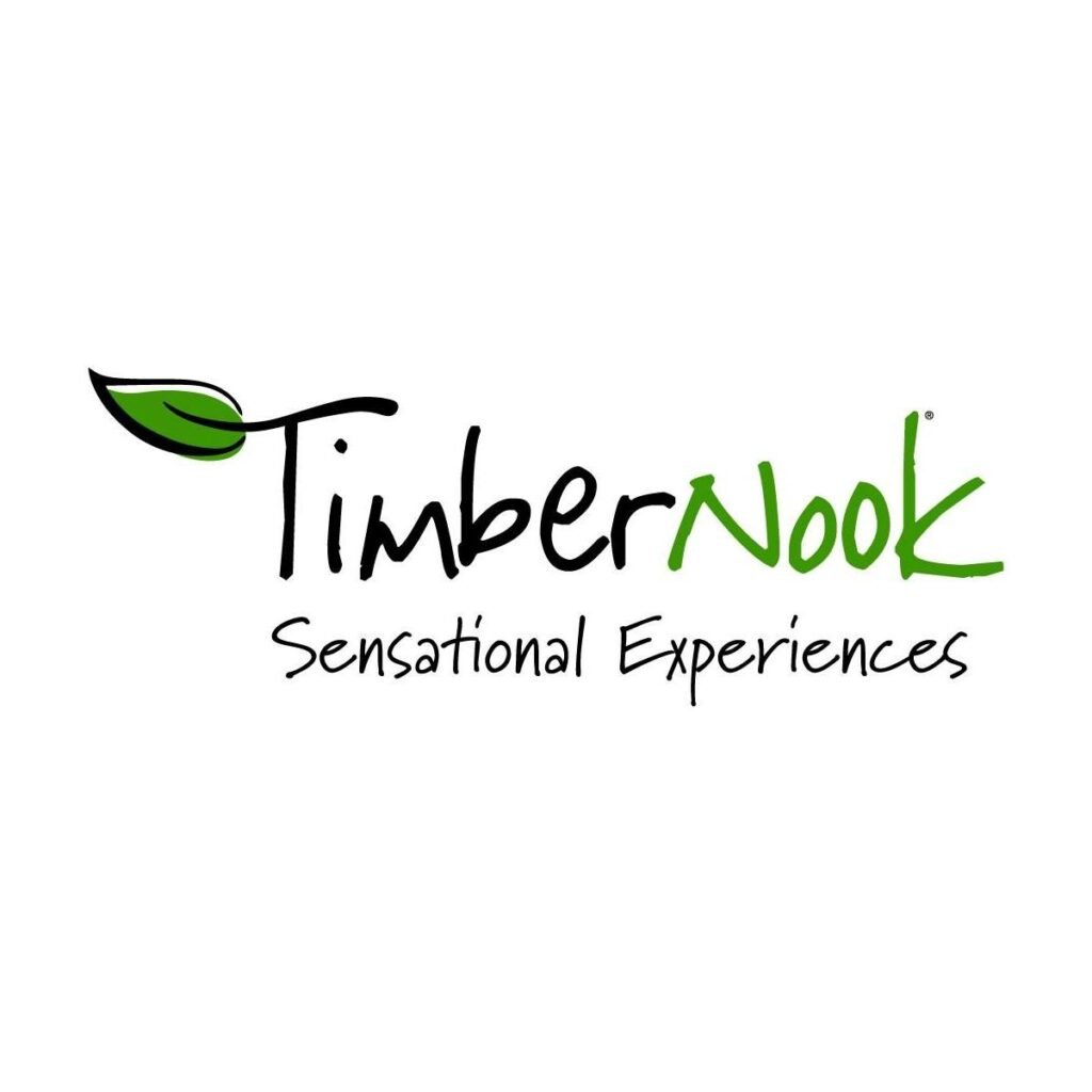 Logo for TimberNook featuring the text ‘TimberNook’ with a green leaf accent above the letter T, and the tagline ‘Sensational Experiences’ written below in a handwritten-style font.